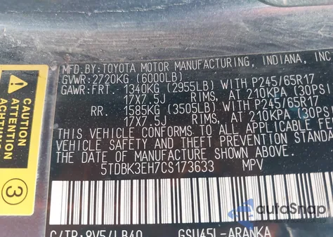 2012 Toyota Highlander Se V6 z USA, uszkodzony, nr VIN 5TDBK3EH7CS173633